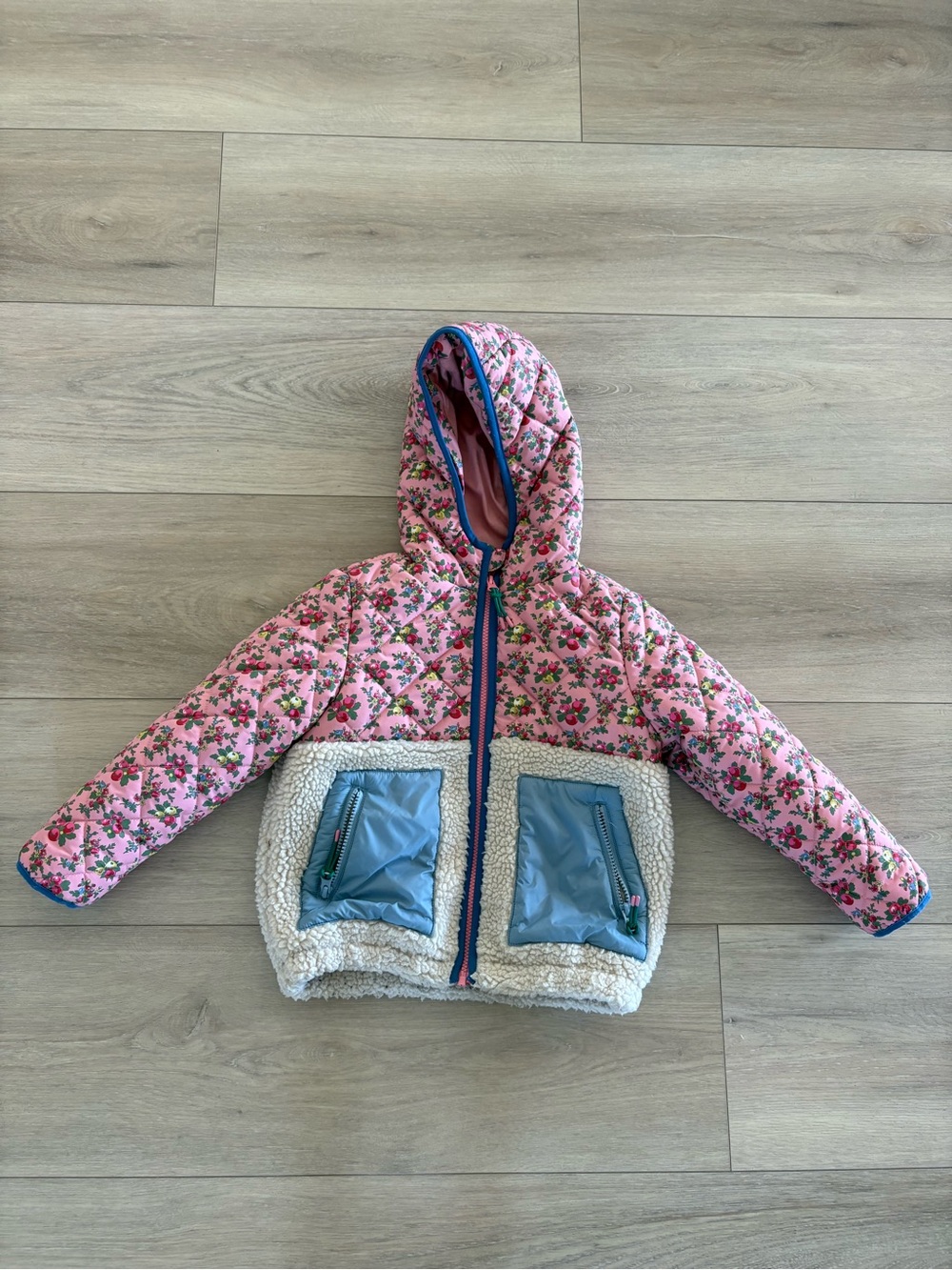 Mini Boden Pink Floral Quilted Hooded Puffer with Blue Pocket Accents